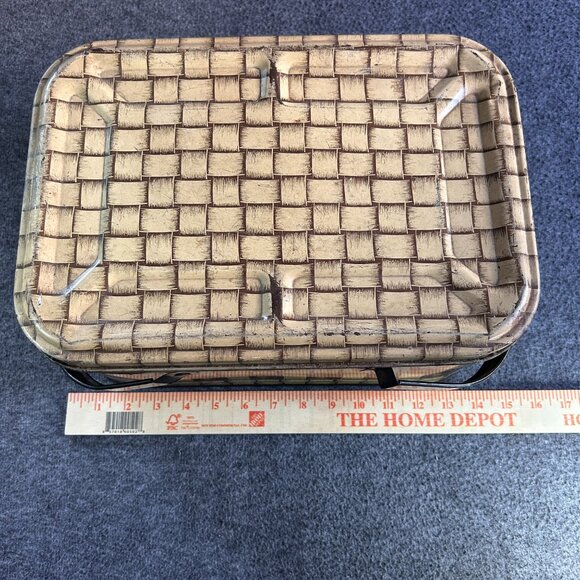 VTG METAL TIN TAN WOVEN WEAVE PATTERN PICNIC BASKET W/ HANDLES 13”x5”x 8.5” - Picture 10 of 16